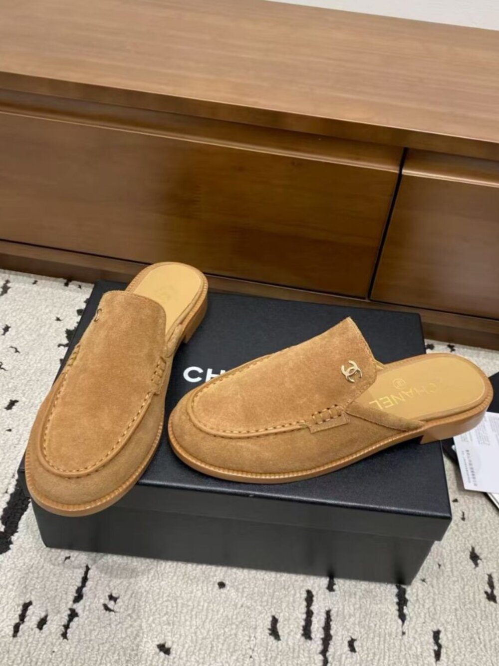 CHANEL Camel Suede Mule Loafers Gold CC
